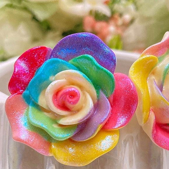 Flower rainbow Rose stud statement earrings Boho multicolor acrylic 💖 - Picture 15 of 17